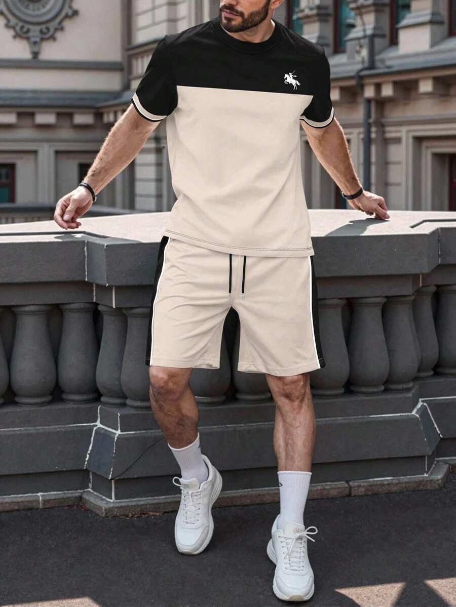 Manfinity Homme 男士夏季休闲撞色圆领短袖T恤短裤套装 - 彩色 - 查看 1