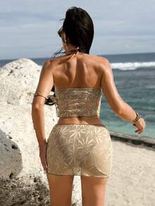 Swim SXY 3pcs Women's Summer Textured Bandeau Tankini & Mini Skirt Swimwear Set Bustier Dress Built In Bra Dress - Multicolor - View 4