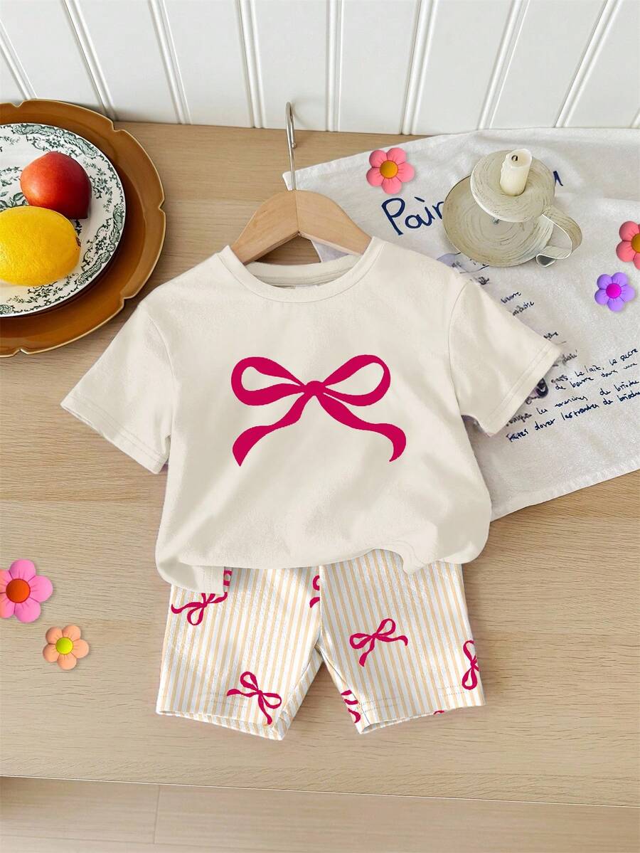 2pcs Baby Girls Bow Decor Casual Homewear Set, T-Shirt And Shorts, Suitable For Summer - Multicolor - View 1