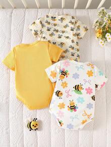 SHEIN Bộ áo liền quần tay ngắn in hình hoạt hình chữ cái cho bé gái sơ sinh mùa hè, màu trắng mơ và nâu, bộ ba món quà tặng đơn giản cho gia đình. - Màu vàng - Xem 2