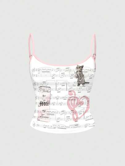 ROMWE Kawaii Cute Cat Heart Music Note Piano Print Camisole Top, Girly & Elegant