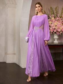 MOTF PREMIUM 女士新款芋紫色雪纺串珠长袖正式礼服，飘逸优雅长款晚礼服 - 紫色 - 查看 5