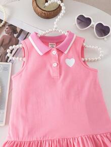 SHEIN Baby Girl Cute Summer Knitted Pink Collegiate Heart Pattern Collar Dress - Pink - View 4