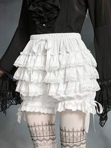 ROMWE Goth 女士可爱蛋糕蝴蝶结撞色蕾丝边灯笼短裤 - 白色 - 查看 4