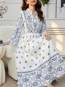 Teen Girls Blue & White Patterned Maxi Dress,Autumn Casual Vacation Breathable Fashion - Multicolor - View 8