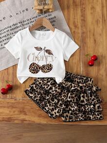 Emery Rose Kids Emery Rose Kids 少女樱桃字母印花短袖T恤和豹纹蛋糕短裙套装 - 白色 - 查看 5