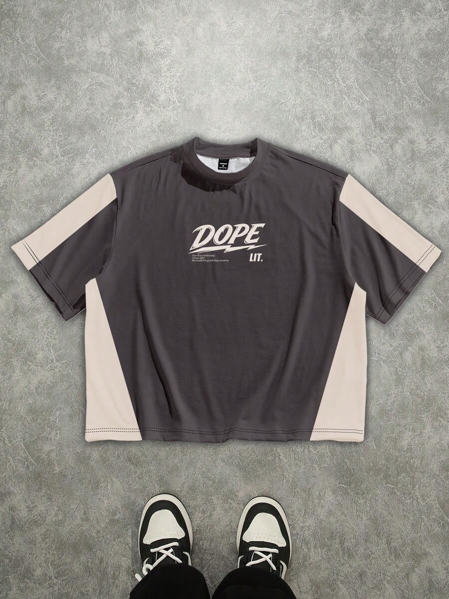 Manfinity Roghcode Boxy Cropped Loose Patchwork Contrast Color Khaki + Beige College Text Graphic Print Short Sleeve T-Shirt - Multicolor - View 1