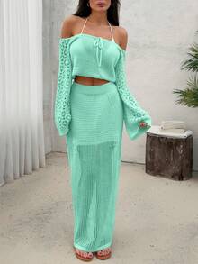 EURMUSE Conjunto de 2 piezas de top de punto con hombros descubiertos y falda midi de punto, conjunto de playa coordinado - verde menta - Ver 3