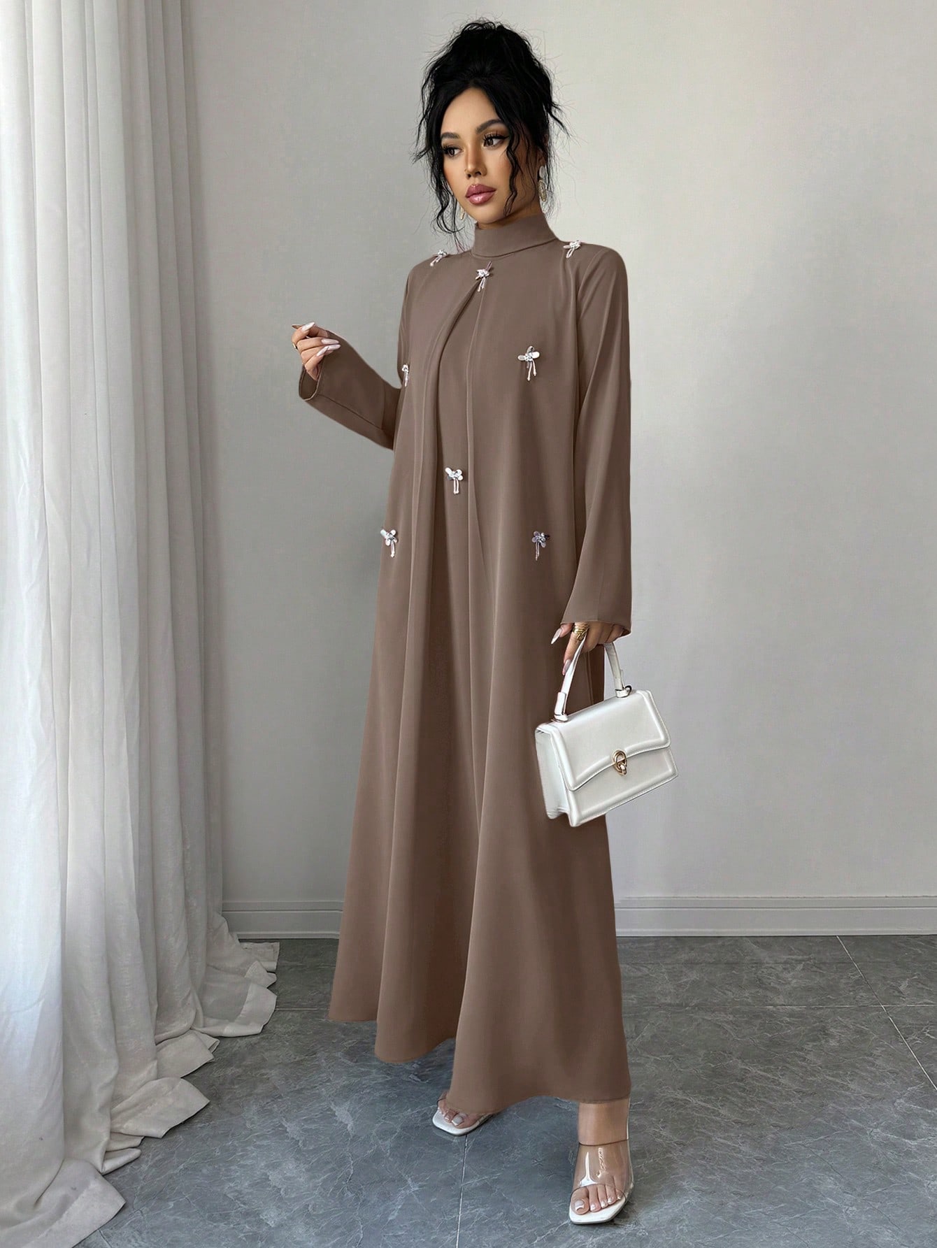 Yasmyna فستان نسائي بياقة عالية وأكمام راجلان فضفا...