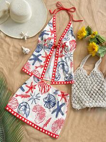 Soleia Conjunto de Praia Feminino 2 Peças, Top Halter com Decote em V e Amarração com Estampa de Estrela-do-Mar e Vida Marinha & Saia de Cintura Baixa, Azul Marinho e Branco, Verão, Boho, Férias, Roupa de Praia - Multicolorido - Visão 7
