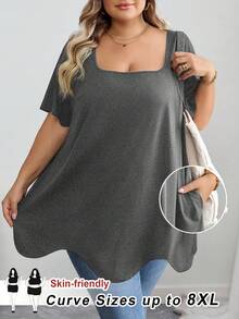 SHEIN CURVE+ 大码曲线/秋季服装/秋季女装/冬季女装/冬季服装大码方领不对称下摆口袋短袖T恤大码黑色上衣8XL女装6XL大码女装5XL大码大码上衣曲线，女士假日装扮女士秋季服装，冬季，曲线加大码 - 灰色 - 查看 1