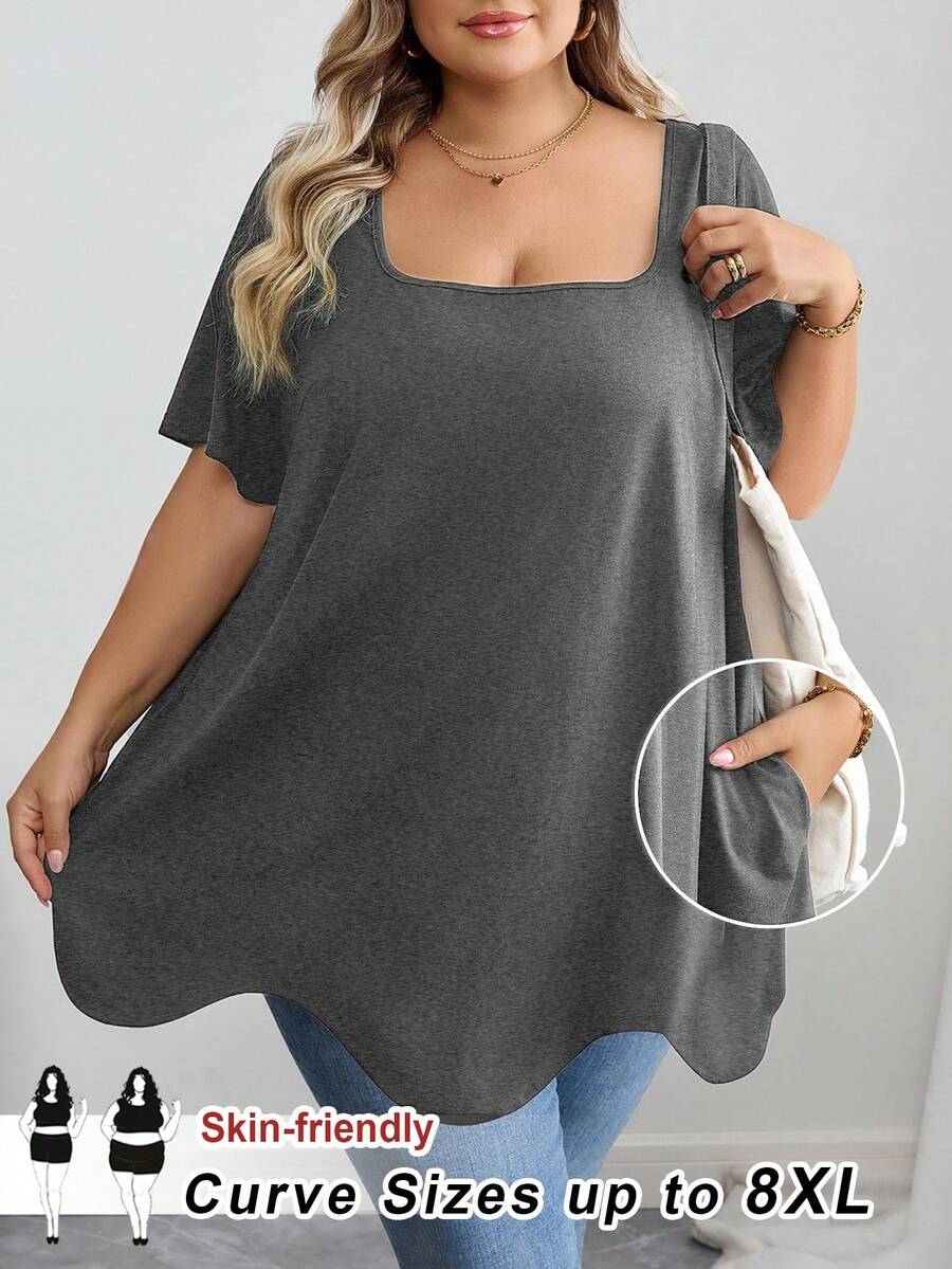 SHEIN CURVE+ 大码曲线/秋季服装/秋季女装/冬季女装/冬季服装大码方领不对称下摆口袋短袖T恤大码黑色上衣8XL女装6XL大码女装5XL大码大码上衣曲线,女士假日装扮女士秋季服装,冬季,曲线加大码 - 灰色 - 查看 1