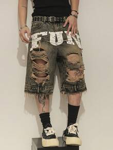 STEELVANCE Men's Casual Street Washed Distressed Letter Print Denim Shorts, Summer - Light Wash - View 5