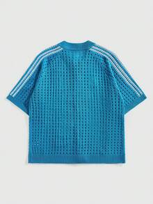 ROMWE MEN Street Life 男士刺绣图案宽松针织衬衫，针织短袖上衣 - 藍色 - 查看 3