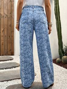 SHEIN 孕妇口袋纽扣全印花休闲百搭日常牛仔裤 - 藍色 - 查看 2