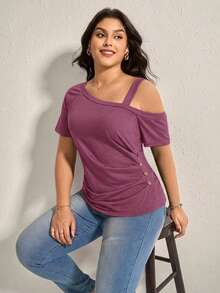 Comfylo 大码女式纯色不对称领短袖侧扣休闲T恤 - 中紫紅色 - 查看 4