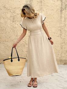 SHEIN Frenchy 女士撞色滚边圆领短袖荷叶边腰部中长连衣裙 - 杏色 - 查看 3