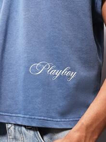 PLAYBOY X SUMWON Oversized Washed Tank Top With Large Bunny Logo Back Print Crew Neck Cap Sleeves Cotton Blend Casual Summer - Royal Blue - View 6