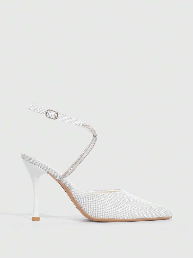 CUCCOO SZL Women Shoes Pointed Thin Silver White Rhinestone Ankle Strap Women's Slingback Shoes Wedding Party Banquet Simple Fashion Sexy Women's High Heel Shoes Women's Shoes