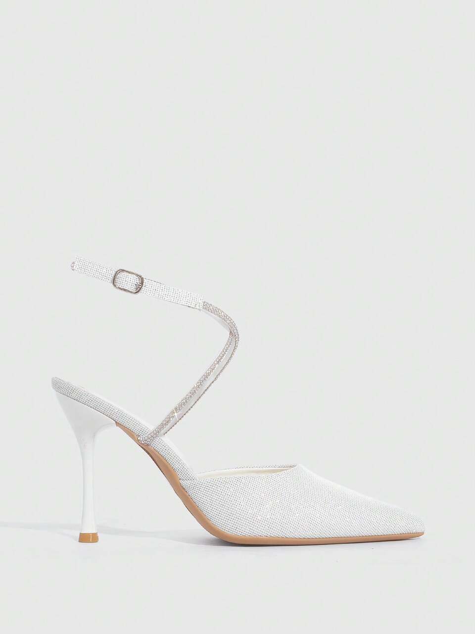 CUCCOO SZL Women Shoes Pointed Thin Silver White Rhinestone Ankle Strap Women's Slingback Shoes Wedding Party Banquet Simple Fashion Sexy Women's High Heel Shoes Women's Shoes