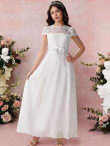 Pitira Vestido maxi elegante y lujoso de línea A con parches de bordado soluble en agua de color blido liso, adecuado para niñas adolescentes, niña de las flores, baile de graduación, fiesta y otras ocasiones, apropiado para primavera y verano, vestido de fiesta, vestido de noche - Blanco - Ver 7