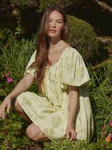WESTFADE Đầm mini babydoll tay phồng dành cho nữ - Màu vàng - Xem 6