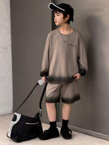 DAZY 男童字母印花圆领落肩长袖T恤和短裤休闲套装 - 灰色 - 查看 3