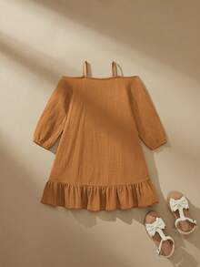SHEIN 1pc Casual Muslin Dress With Pleated Gathered Bust Detail, Apricot Tan Brown, Autumn Orange, Matching Family Vacation Fall Dress For Young Girls - Brown - View 2