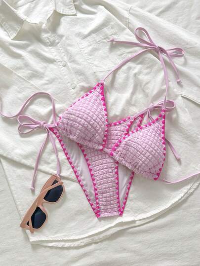 Swim Mod 26SS Spring/Summer Vacation Beach Pink & Fuchsia Contrast Zigzag Waffle Fabric Bikini Set,2026 New Women's Swimwear ArrivalFor School,Suitable For Holiday, Date, Afternoon Tea, Western, Cruise, Beach, Island, Road Trip, All Seasons, Music Festival, Boho Vacation,Bohemian Vacation, Chill Autumn ,Western Boho ,Elegant Tops For Women