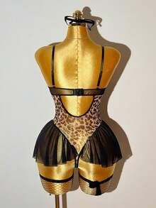 3pcs Set Sexy Leopard Print Lace Patchwork Deep V Sheer Criss-Cross Backless Jumpsuit - Multicolor - View 2