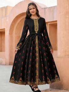 Teen Girl Floral Print Round Neck Long Sleeve Gold Trim Bohemian Style Dress - Black - View 5