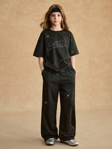 Conjunto de camiseta para niñas preadolescentes, incluye camiseta holgada de manga corta negra con decoración de letras de lentejuelas y pantalones anchos holgados negros, tela suave y agradable para la piel, adecuado para uso diario y ocio de vacaciones, nueva colección de verano - Negro - Ver 4