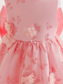 SHEIN Glamorique Kids Đầm dự tiệc thanh lịch màu trắng thêu họa tiết, lưng chữ V, thắt nơ, dành cho bé gái, phù hợp cho mọi mùa. - Hồng - Xem 5