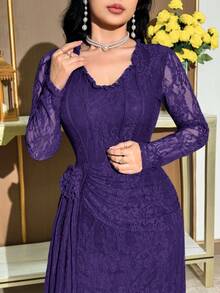 Modelyn 女士优雅纯色荷叶边圆领长袖连衣裙 - 紫色 - 查看 6