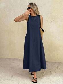 SHEIN Frenchy Đầm dài không tay cổ tròn màu trơn, dáng rộng, thanh lịch dành cho nữ - Màu xanh hải quân - Xem 3