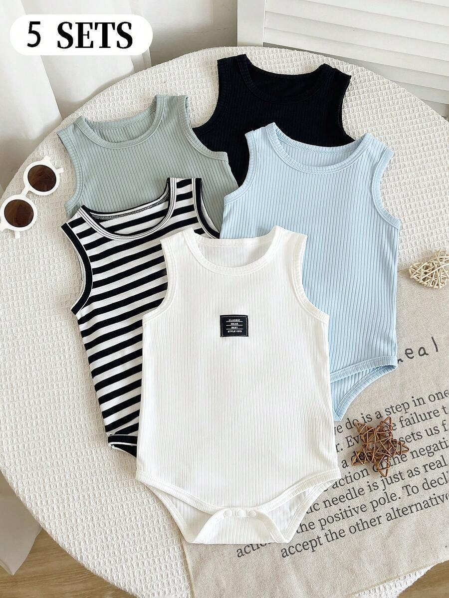 SHEIN Playful Pals 買1送5 5件組中性嬰兒男孩女孩羅紋連身衣 全白夏季休閒家庭款字母貼布無袖背心連身衣 - 彩色 - 查看 1