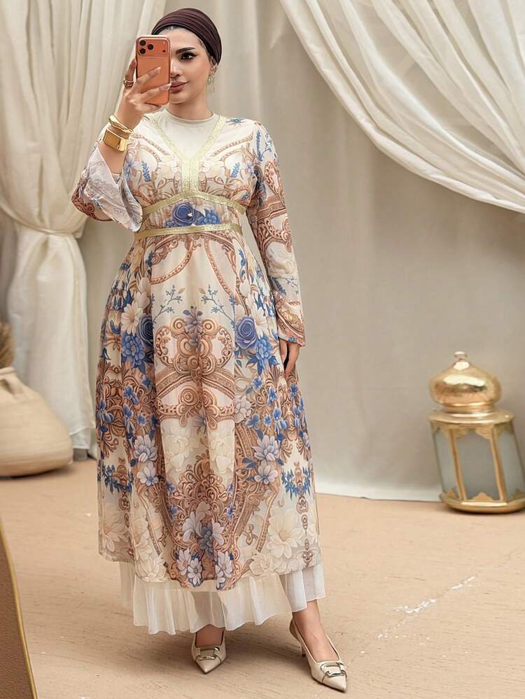 Dazy Plus Floral Print Contrast Color Block Flare Sleeve Waist Cinched Elegant Maxi Dress For Plus Size Women, Spring/Summer Sundress