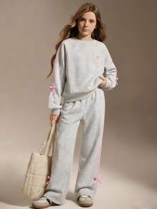 SHEIN Bộ 2 món áo nỉ cổ tròn tối giản cho bé gái, viền ruy băng trắng ở tay áo và ống quần, thích hợp cho mùa xuân và mùa thu, chất liệu dày dặn 250g. - Xám - Xem 1