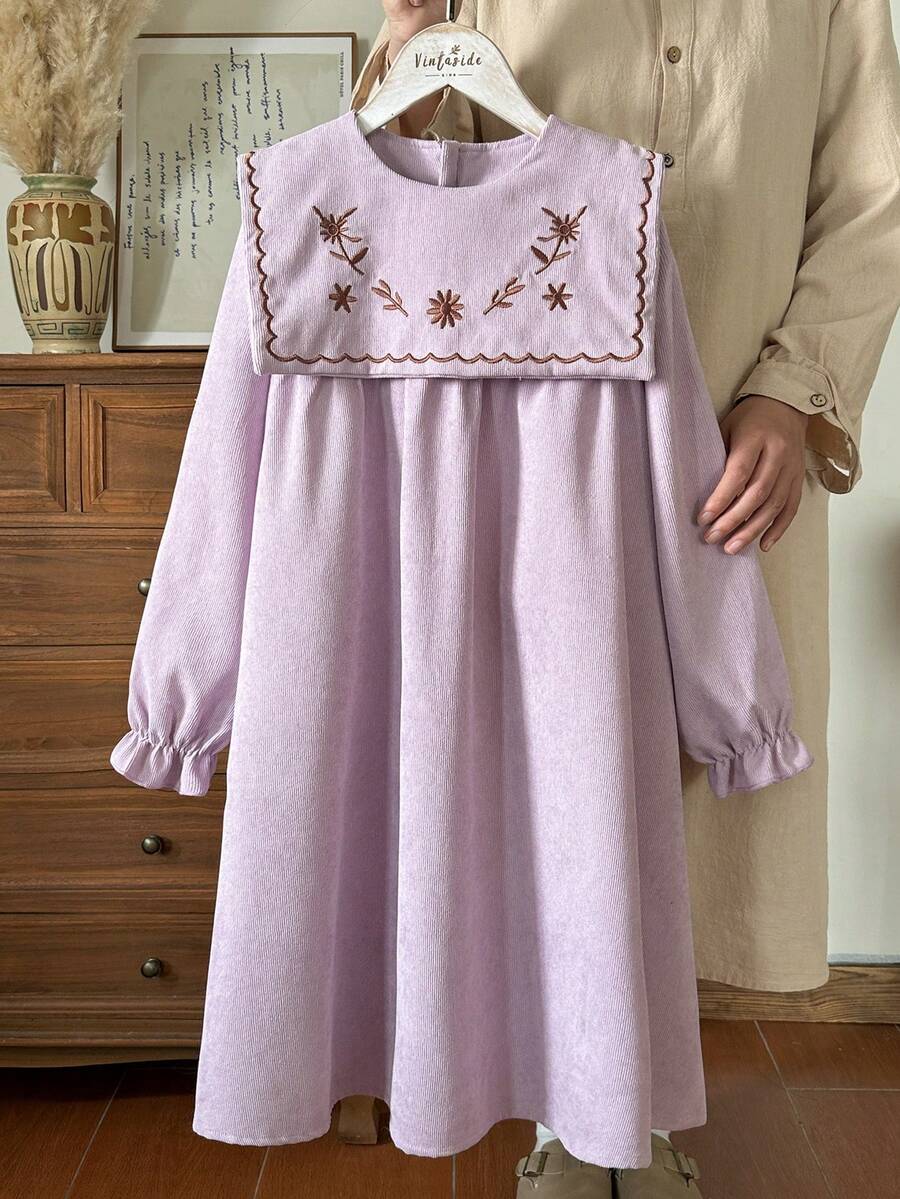 Vintaside Kids 女童卡其色艺术长袖套头连衣裙,饰有优雅刺绣领口和A字廓形,适合外出、休闲穿着和生日派对。 - 紫色 - 查看 1