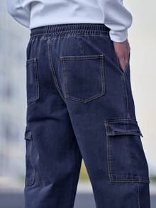 Manfinity Hypemode Loose Fit Men's Top-Stitching Drawstring Waist Cargo Jeans - Dark Wash - View 7