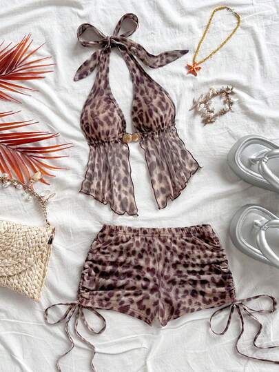 Soleia Women's Leopard Print Halter Tie-Up Metal Decor Ruffle Hem Top And Shorts Casual Vacation 2-Piece Set