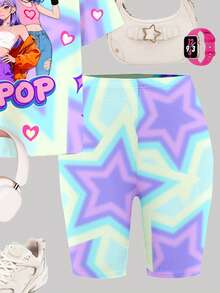 两件套扎染韩流卡通女孩肖像休闲舒适圆领短袖T恤和短裤套装，适合春夏日常穿着、居家、运动。 - 彩色 - 查看 5