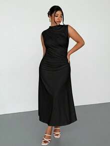 Firerie Plus Size Ruched Hem Sleeveless Elastic Ruched Dress, Elegant Romantic For Dates, Tea Parties, Graduations, Commuting, Spring/Summer - Black - View 5