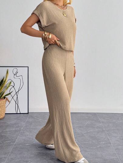 SHEIN EZwear Summer Casual Outfit For Women Women's Khaki Knit Casual Top & Pants Loungewear Set