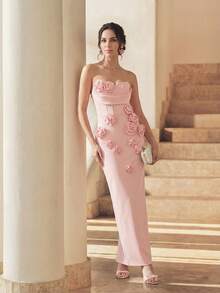 Anewsta 女士优雅3D立体花卉连衣裙 - 粉色 - 查看 3