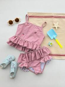 DAZY Young Girl Cherry Print Ruffle Trim Bikini Set, Summer Beach Vacation - Pink - View 5