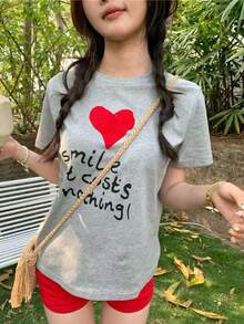 K-Vae Camiseta de manga corta casual con estampado de corazón y letras - Gris - Ver 5
