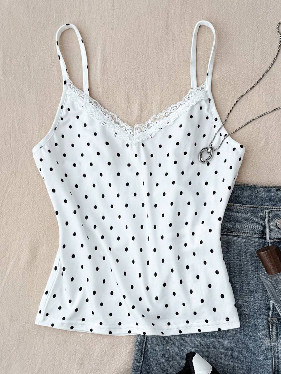 SHEIN Teen Girls' White Polka Dot Print Lace Trim Camisole Casual Cute Layering Tank Top, Spring/Summer - White - View 1