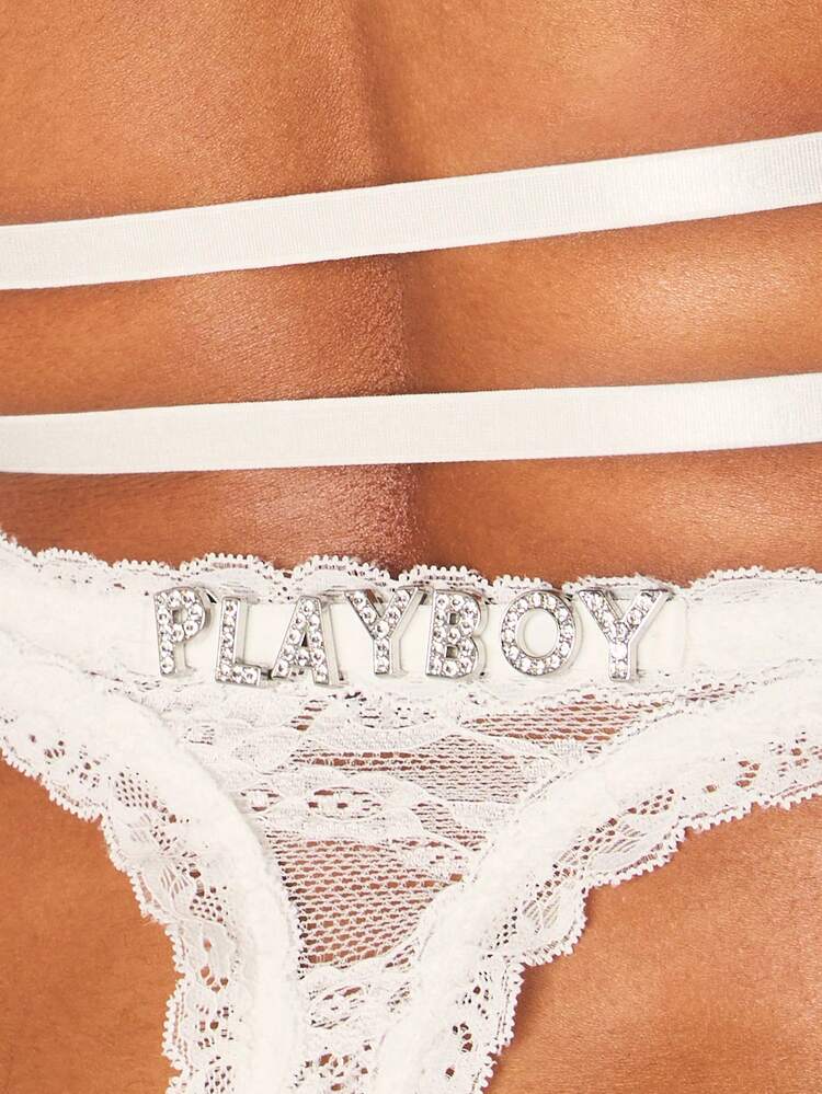 Missguided x Playboy Diamate Letter Trim White Lace Cut Out Lingerie Bodysuit With Strappy Waist Detail Intimate Valentine's Date Night