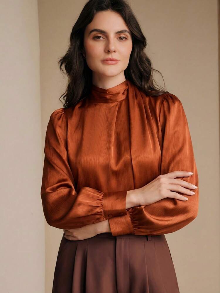 Elegant Retro Brown Satin Texture Mock Neck Loose Long Sleeve Top